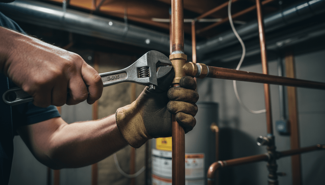 Professional plumber installing copper pipe fittings with precise technique