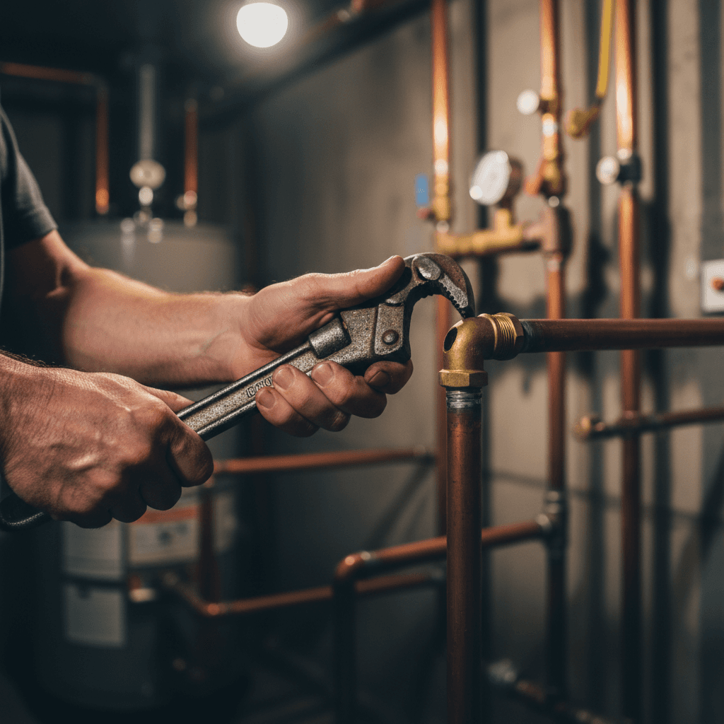 Professional plumber installing copper pipes with precision tools