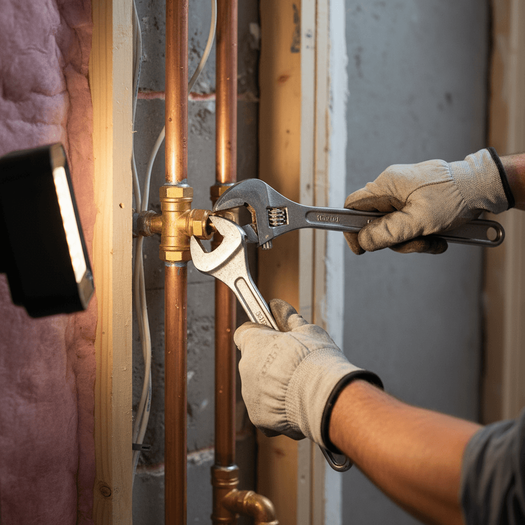 Plumber installing copper piping in residential wall